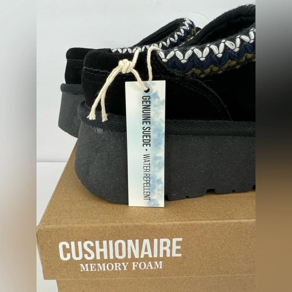 CUSHIONAIRE KABUKI GENUINE BLK SUEDE PLATFORM MULES,SIZE 7M, WARM & COMFORTABLE